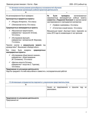 Ярвеская русская гимназия г. Кохтла – Ярве                                        2009 - 2010 учебный год
   1.4. Активное использование разнообразных возможностей обучения:
         Качественная организация учебной проектной деятельности
                         +                                                    -
Из запланированного было проведено:                   Не      были      проведены       запланированные
                                                      среднесрочные межпредметные учебные проекты
Краткосрочные предметные проекты
                                                      совместно с Людмилой Осиповой по причине малой
    «Ресурсы Интернета», 10-е классы                 заинтересованности преподавателя математики:
    «Электронная почта»,10-е классы                      «Графики и диаграммы», 9-е классы
Среднесрочные межпредметные проекты                       «Статистика в нашей жизни», 12-е классы
    «Музыкальные предпочтения»,                      Межшкольный проект «Быстрый поиск» перенесѐн на
     информатика + музыка (В. Антонов),               осень 2010 года по независящим от нас причинам
     12-е классы
    «Исследование функций»,
     информатика + математика (М. Морозова),
     11-е классы
Приняли участие в межшкольном проекте под
руководством Г. Вишняковой «Keskaja kultuur».
Вне плана были внедрены               среднесрочные
межпредметные проекты:
    «Исследование общественного мнения»,
     информатика + обществоведение
     (Ж. Соломанюк), 12-е классы
    «Деятели искусств Эстонии»,
      информатика + искусство (Г. Горелова),
      12-е классы
Предложения по улучшению деятельности:
Надо бы придумать что-либо масштабное и совместить с исследовательской работой.




   1.5. Активизация сотрудничества педсовета с ученическим представительством
                         +                                                    -
                                                      Ничего из предложенного в прошлом году не
                                                      реализовано.



Предложения по улучшению деятельности:
Предложений нет




                                                                                                       2
 