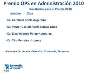 Premio OPS en Administración 2010Candidatos para el Premio 2010Nombre País• Dr. Abraham Sonis Argentina• Dr. Pastor Castell-Florit Serrate Cuba• Dr. Elsa Yolanda Palou Honduras• Dr. Ciro Ferreira UruguayMiembros del Jurado: Colombia, Guatemala, Suriname