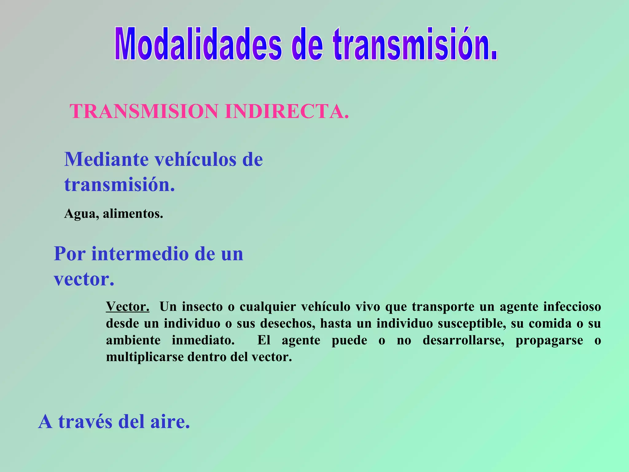 TRANSMISION INDIRECTA.
Mediante vehículos de
transmisión.
Agua, alimentos.
Por intermedio de un
vector.
Vector. Un insecto o cualquier vehículo vivo que transporte un agente infeccioso
desde un individuo o sus desechos, hasta un individuo susceptible, su comida o su
ambiente inmediato. El agente puede o no desarrollarse, propagarse o
multiplicarse dentro del vector.
A través del aire.
 