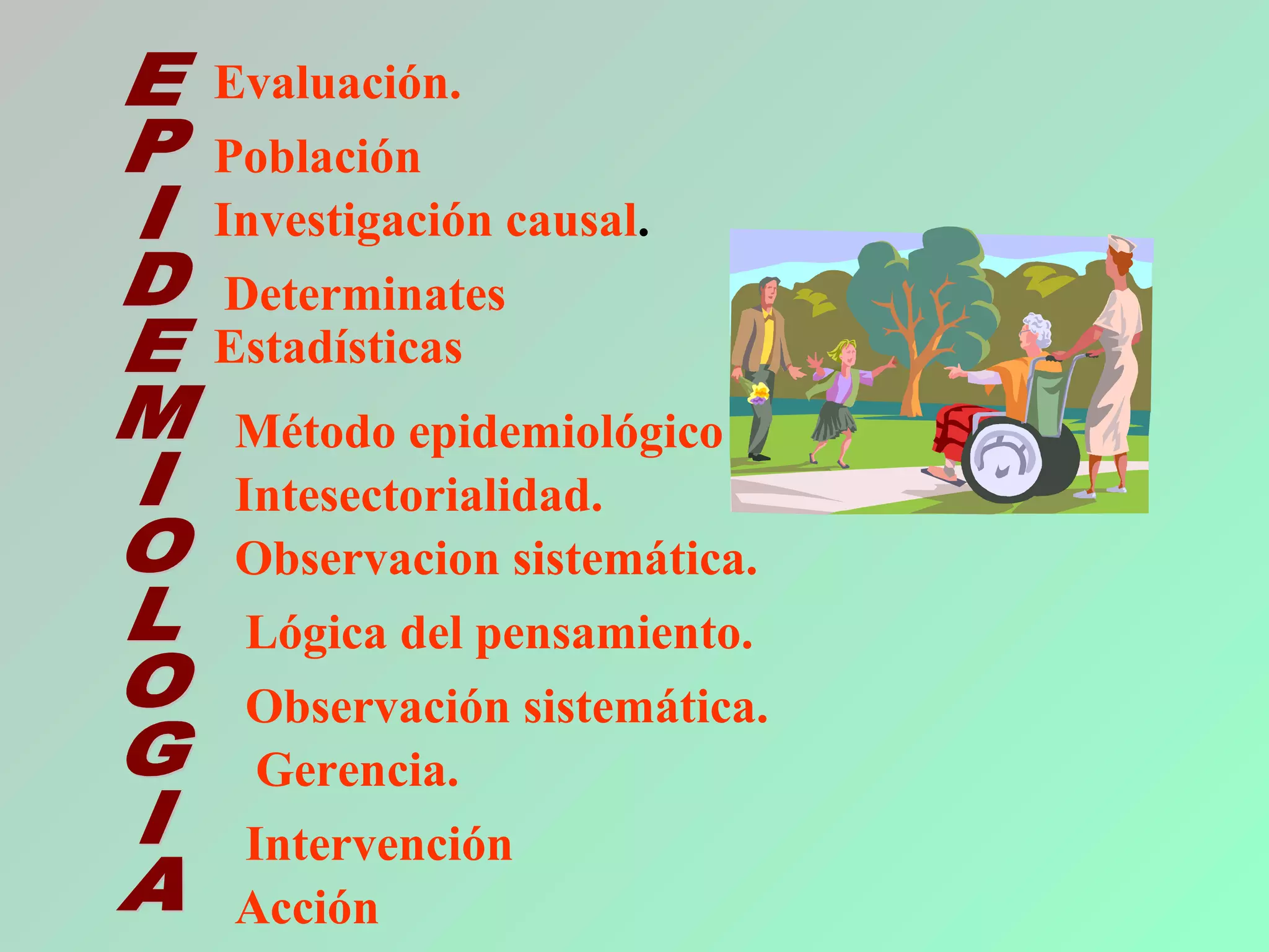 Evaluación.
Población
Determinates
Investigación causal.
Estadísticas
Gerencia.
Intesectorialidad.
Método epidemiológico
Acción
Intervención
Observacion sistemática.
Lógica del pensamiento.
Observación sistemática.
 