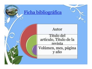 Ficha bibliográfica


               Autor
              Título del
        artículo, Título de la
               revista
       Volúmen, mes, página
                y año
 