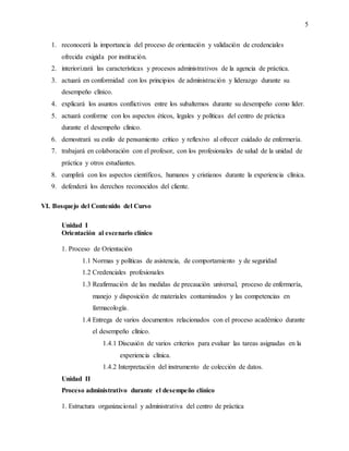 5
1. reconocerá la importancia del proceso de orientación y validación de credenciales
ofrecida exigida por institución.
2. interiorizará las características y procesos administrativos de la agencia de práctica.
3. actuará en conformidad con los principios de administración y liderazgo durante su
desempeño clínico.
4. explicará los asuntos conflictivos entre los subalternos durante su desempeño como líder.
5. actuará conforme con los aspectos éticos, legales y políticas del centro de práctica
durante el desempeño clínico.
6. demostrará su estilo de pensamiento crítico y reflexivo al ofrecer cuidado de enfermería.
7. trabajará en colaboración con el profesor, con los profesionales de salud de la unidad de
práctica y otros estudiantes.
8. cumplirá con los aspectos científicos, humanos y cristianos durante la experiencia clínica.
9. defenderá los derechos reconocidos del cliente.
VI. Bosquejo del Contenido del Curso
Unidad I
Orientación al escenario clínico
1. Proceso de Orientación
1.1 Normas y políticas de asistencia, de comportamiento y de seguridad
1.2 Credenciales profesionales
1.3 Reafirmación de las medidas de precaución universal, proceso de enfermería,
manejo y disposición de materiales contaminados y las competencias en
farmacología.
1.4 Entrega de varios documentos relacionados con el proceso académico durante
el desempeño clínico.
1.4.1 Discusión de varios criterios para evaluar las tareas asignadas en la
experiencia clínica.
1.4.2 Interpretación del instrumento de colección de datos.
Unidad II
Proceso administrativo durante el desempeño clínico
1. Estructura organizacional y administrativa del centro de práctica
 