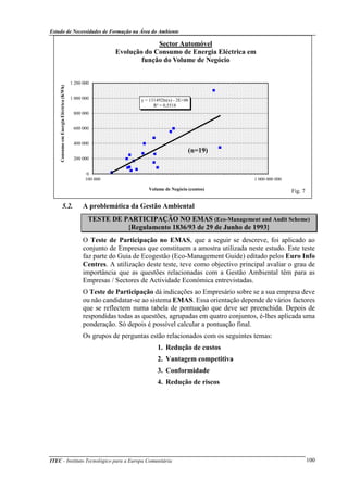 Estudo de Necessidades de Formação na Área do Ambiente
ITEC - Instituto Tecnológico para a Europa Comunitária 100
5.2. A problemática da Gestão Ambiental
TESTE DE PARTICIPAÇÃO NO EMAS (Eco-Management and Audit Scheme)
{Regulamento 1836/93 de 29 de Junho de 1993}
O Teste de Participação no EMAS, que a seguir se descreve, foi aplicado ao
conjunto de Empresas que constituem a amostra utilizada neste estudo. Este teste
faz parte do Guia de Ecogestão (Eco-Management Guide) editado pelos Euro Info
Centres. A utilização deste teste, teve como objectivo principal avaliar o grau de
importância que as questões relacionadas com a Gestão Ambiental têm para as
Empresas / Sectores de Actividade Económica entrevistadas.
O Teste de Participação dá indicações ao Empresário sobre se a sua empresa deve
ou não candidatar-se ao sistema EMAS. Essa orientação depende de vários factores
que se reflectem numa tabela de pontuação que deve ser preenchida. Depois de
respondidas todas as questões, agrupadas em quatro conjuntos, é-lhes aplicada uma
ponderação. Só depois é possível calcular a pontuação final.
Os grupos de perguntas estão relacionados com os seguintes temas:
1. Redução de custos
2. Vantagem competitiva
3. Conformidade
4. Redução de riscos
y = 131492ln(x) - 2E+06
R² = 0,5518
0
200 000
400 000
600 000
800 000
1 000 000
1 200 000
100 000 1 000 000 000
ConsumoemEnergiaEléctrica(KWh)
Volume de Negócio (contos)
Sector Automóvel
Evolução do Consumo de Energia Eléctrica em
função do Volume de Negócio
Fig. 7
(n=19)
 
