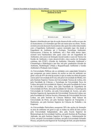 Estudo de Necessidades de Formação na Área do Ambiente
ITEC - Instituto Tecnológico para a Europa Comunitária 72
Quanto à distribuição por tipo de acção desenvolvida verifica-se que são
as licenciaturas e os mestrados que têm um maior peso na oferta. Assim,
existem cerca de dezassete licenciaturas (das quais dez estão relacionadas
com a Engenharia Ambiental) e quinze mestrados (que vão desde a
Engenharia do Ambiente até à Ecologia, Tecnologia Ambiental,
Georrecursos, Ciências do Ambiente, etc.). Para além destes tipos,
existem nove bacharelatos (dos quais cinco são em Engenharia do
Ambiente), oito cursos de formação inicial (sendo o curso de Técnico de
Gestão do Ambiente o mais desenvolvido), cinco acções de formação
contínua, três CESE’s (Gestão do Ambiente, Educação Ambiental e
Climatologia e Hidrologia) e por fim, três pós- graduações (Gestão do
Ambiente, Reabilitação Urbana e Requalificação Ambiental e Gestão
Ambiental e Produção mais Limpa).
As Universidades Públicas são as entidades com capacidade formativa
que asseguram um maior número de acções na área do ambiente em
geral: cerca de 45% do total de acções (o que se traduz na oferta de quatro
cursos pela Universidade de Évora, três pela Universidade do Minho, três
pelo Instituto Superior Técnico da Universidade Técnica de Lisboa, três
pela Faculdade de Ciências e Tecnologia da Universidade Nova de
Lisboa, dois pela Universidade do Algarve, dois pela Faculdade de Letras
da Universidade de Lisboa, dois pela Faculdade de Engenharia da
Universidade do Porto, dois pela Faculdade de Ciências e Tecnologia da
Universidade de Coimbra, um pela Universidade de Aveiro, um pelo
Instituto Superior de Agronomia da Universidade Técnica de Lisboa, um
pela Faculdade de Ciências Sociais e Humanas da Universidade Nova de
Lisboa, um pelo Instituto de Ciências Médicas Abel Salazar da
Universidade do Porto, um pelo Instituto Superior de Transportes e
finalmente, um pelo Instituto Superior de Ciências do Trabalho e da
Empresa).
As Universidades Particulares asseguram 20% das acções de formação
na área do ambiente em geral (o que se traduz na oferta de dois cursos
pela Universidade Independente, dois pela Escola Superior de
Biotecnologia da Universidade Católica, um pelo Instituto de Psicologia
Aplicada, um pelo Instituto Superior de Línguas e Administração de
Leiria, um pela Universidade Lusófona, um pela Universidade Fernando
Pessoa, um pela Escola Superior de Tecnologia de Fafe, um pelo Instituto
60
182
Distribuição por Área de Intervenção
- Ambiente em Geral
Ambiente em geral Outras Áreas
(24,8%)
 