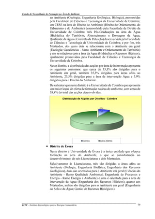 Estudo de Necessidades de Formação na Área do Ambiente
ITEC - Instituto Tecnológico para a Europa Comunitária 79
ao Ambiente (Geologia; Engenharia Geológica; Biologia), promovidas
pela Faculdade de Ciências e Tecnologia da Universidade de Coimbra;
um CESE na área do Direito do Ambiente (Direito do Ordenamento, do
Urbanismo e do Ambiente) desenvolvido pela Faculdade de Direito da
Universidade de Coimbra; três Pós-Graduações na área da Água
(Hidráulica do Território; Abastecimento e Drenagem de Água;
Qualidade da Água e Controlo da Poluição) desenvolvida pela Faculdade
de Ciências e Tecnologia da Universidade de Coimbra; e por fim, três
Mestrados, dos quais dois se relacionam com o Ambiente em geral
(Ecologia; Geociências - Ramo Ambiente e Ordenamento do Território)
e um se relaciona com a área da Água (Hidráulica e Recursos Hídricos),
igualmente promovidos pela Faculdade de Ciências e Tecnologia da
Universidade de Coimbra.
Neste distrito, a distribuição das acções por área de intervenção apresenta
os seguintes contornos: que cerca de 35,3% são dirigidas para o
Ambiente em geral, também 35,3% dirigidas para áreas afins ao
Ambiente, 23,5% dirigidas para a área de intervenção Água e 5,9%
dirigidas para o Direito do Ambiente.
De salientar que neste distrito é a Universidade de Coimbra que apresenta
um maior leque de oferta de formação na área do ambiente, com cerca de
58,8% do total das acções desenvolvidas.
• Distrito de Évora
Neste distrito a Universidade de Évora é a única entidade que oferece
formação na área do Ambiente, o que se consubstancia no
desenvolvimento de seis Licenciaturas e dois Mestrados.
Relativamente às Licenciaturas, três são dirigidas a áreas afins ao
Ambiente (Biologia; Engenharia Biofísica; Engenharia dos Recursos
Geológicos), duas são orientadas para o Ambiente em geral (Ciências do
Ambiente - Ramo Qualidade Ambiental; Engenharia de Processos e
Energia - Ramo Energia e Ambiente) e uma é orientada para a área de
intervenção da Água (Engenharia dos Recursos Hídricos); quanto aos
Mestrados, ambos são dirigidos para o Ambiente em geral (Engenharia
do Solo e da Água; Gestão de Recursos Biológicos).
17
225
Distribuição de Acções por Distritos - Coimbra
Coimbra Outros Distritos
(7%)
 