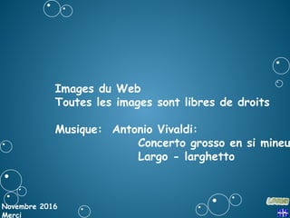 Images du Web
Toutes les images sont libres de droits
Musique: Antonio Vivaldi:
Concerto grosso en si mineu
Largo - larghetto
Novembre 2016
Merci
 