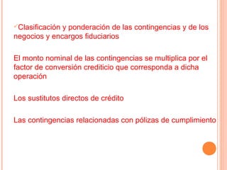 Clasificacióny ponderación de las contingencias y de los
negocios y encargos fiduciarios

El monto nominal de las contingencias se multiplica por el
factor de conversión crediticio que corresponda a dicha
operación

Los sustitutos directos de crédito

Las contingencias relacionadas con pólizas de cumplimiento
 