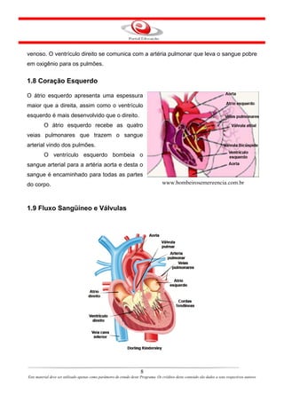 venoso. O ventrículo direito se comunica com a artéria pulmonar que leva o sangue pobre
em oxigênio para os pulmões.


1.8 Coração Esquerdo

O átrio esquerdo apresenta uma espessura
maior que a direita, assim como o ventrículo
esquerdo é mais desenvolvido que o direito.
         O átrio esquerdo recebe as quatro
veias pulmonares que trazem o sangue
arterial vindo dos pulmões.
         O ventrículo esquerdo bombeia o
sangue arterial para a artéria aorta e desta o
sangue é encaminhado para todas as partes
do corpo.                                                                           www.bombeirosemergencia.com.br



1.9 Fluxo Sangüíneo e Válvulas




                                                                       8
Este material deve ser utilizado apenas como parâmetro de estudo deste Programa. Os créditos deste conteúdo são dados a seus respectivos autores
 