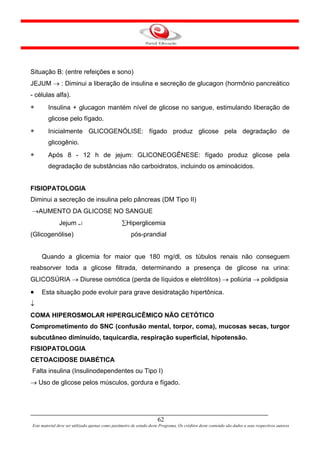 Situação B: (entre refeições e sono)
JEJUM → : Diminui a liberação de insulina e secreção de glucagon (hormônio pancreático
- células alfa).
∗       Insulina + glucagon mantém nível de glicose no sangue, estimulando liberação de
        glicose pelo fígado.
∗       Inicialmente GLICOGENÓLISE: fígado produz glicose pela degradação de
        glicogênio.
∗       Após 8 - 12 h de jejum: GLICONEOGÊNESE: fígado produz glicose pela
        degradação de substâncias não carboidratos, incluindo os aminoácidos.


FISIOPATOLOGIA
Diminui a secreção de insulina pelo pâncreas (DM Tipo II)
→AUMENTO DA GLICOSE NO SANGUE
              Jejum ↵                             ∑Hiperglicemia
(Glicogenólise)                                        pós-prandial


     Quando a glicemia for maior que 180 mg/dl, os túbulos renais não conseguem
reabsorver toda a glicose filtrada, determinando a presença de glicose na urina:
GLICOSÚRIA → Diurese osmótica (perda de líquidos e eletrólitos) → poliúria → polidipsia
•    Esta situação pode evoluir para grave desidratação hipertônica.
↓
COMA HIPEROSMOLAR HIPERGLICÊMICO NÃO CETÓTICO
Comprometimento do SNC (confusão mental, torpor, coma), mucosas secas, turgor
subcutâneo diminuído, taquicardia, respiração superficial, hipotensão.
FISIOPATOLOGIA
CETOACIDOSE DIABÉTICA
Falta insulina (Insulinodependentes ou Tipo I)
→ Uso de glicose pelos músculos, gordura e fígado.




                                                                      62
Este material deve ser utilizado apenas como parâmetro de estudo deste Programa. Os créditos deste conteúdo são dados a seus respectivos autores
 