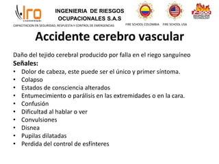 INGENIERIA DE RIESGOS
OCUPACIONALES S.A.S
FIRE SCHOOL COLOMBIA FIRE SCHOOL USA
CAPACITACION EN SEGURIDAD, RESPUESTA Y CONTROL DE EMERGENCIAS
Accidente cerebro vascular
Daño del tejido cerebral producido por falla en el riego sanguíneo
Señales:
• Dolor de cabeza, este puede ser el único y primer síntoma.
• Colapso
• Estados de consciencia alterados
• Entumecimiento o parálisis en las extremidades o en la cara.
• Confusión
• Dificultad al hablar o ver
• Convulsiones
• Disnea
• Pupilas dilatadas
• Perdida del control de esfínteres
 