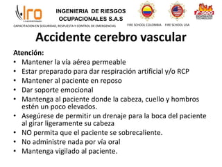 INGENIERIA DE RIESGOS
OCUPACIONALES S.A.S
FIRE SCHOOL COLOMBIA FIRE SCHOOL USA
CAPACITACION EN SEGURIDAD, RESPUESTA Y CONTROL DE EMERGENCIAS
Accidente cerebro vascular
Atención:
• Mantener la vía aérea permeable
• Estar preparado para dar respiración artificial y/o RCP
• Mantener al paciente en reposo
• Dar soporte emocional
• Mantenga al paciente donde la cabeza, cuello y hombros
estén un poco elevados.
• Asegúrese de permitir un drenaje para la boca del paciente
al girar ligeramente su cabeza
• NO permita que el paciente se sobrecaliente.
• No administre nada por vía oral
• Mantenga vigilado al paciente.
 