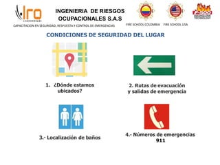 INGENIERIA DE RIESGOS
OCUPACIONALES S.A.S
FIRE SCHOOL COLOMBIA FIRE SCHOOL USA
CAPACITACION EN SEGURIDAD, RESPUESTA Y CONTROL DE EMERGENCIAS
4.- Números de emergencias
911
3.- Localización de baños
2. Rutas de evacuación
y salidas de emergencia
1. ¿Dónde estamos
ubicados?
CONDICIONES DE SEGURIDAD DEL LUGAR
 
