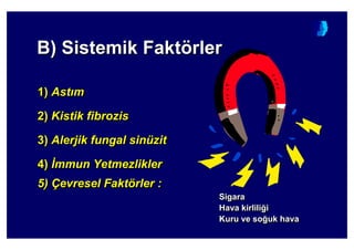 B) Sistemik FaktörlerB) Sistemik FaktB) Sistemik Faktöörlerrler
1) Ast m
2) Kistik fibrozis
3) Alerjik fungal sinüzit
4) mmun Yetmezlikler
5) Çevresel Faktörler :
Sigara
Hava kirlili4i
Kuru ve so4uk hava
1)1) AstAst mm
2)2) KistikKistik fibrozisfibrozis
3)3) Alerjik fungal sinAlerjik fungal sinüüzitzit
4)4) mmunmmun YetmezliklerYetmezlikler
5)5) ÇÇevresel Faktevresel Faktöörler :rler :
SigaraSigara
Hava kirliliHava kirlili44ii
Kuru ve soKuru ve so44uk havauk hava
 