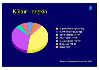 Kültür - eri=kinKKüültltüürr -- erieri==kinkin
Sinus and Allergy Health Partnership, 2000SinusSinus andand AllergyAllergy HealthHealth PartnershipPartnership, 2000, 2000
S. pneumoniae (%20-43)S. pneumoniae (%20S. pneumoniae (%20--43)43)
H. influenzae (%22-35)H. influenzae (%22H. influenzae (%22--35)35)
M. catarrhalis (%2-10)M. catarrhalis (%2M. catarrhalis (%2--10)10)
S. aureus (%0-8)S. aureus (%0S. aureus (%0--8)8)
Anaeroblar (%0-9)AnaeroblarAnaeroblar (%0(%0--9)9)
Strep species (%3-9)StrepStrep speciesspecies (%3(%3--9)9)
Di4er (%4)DiDi44er (%4)er (%4)
 