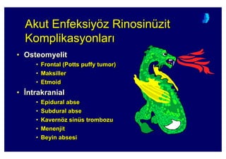 Akut Enfeksiyöz Rinosinüzit
Komplikasyonlar
AkutAkut EnfeksiyEnfeksiyöözz RinosRinosininüüzitzit
KomplikasyonlarKomplikasyonlar
• Osteomyelit
• Frontal (Potts puffy tumor)
• Maksiller
• Etmoid
• :ntrakranial
• Epidural abse
• Subdural abse
• Kavernöz sinüs trombozu
• Menenjit
• Beyin absesi
•• OsteomyelitOsteomyelit
•• Frontal (Potts puffyFrontal (Potts puffy tumortumor))
•• MaksillerMaksiller
•• EtmoidEtmoid
•• ::ntrakranialntrakranial
•• EpiduralEpidural abseabse
•• SubduralSubdural abseabse
•• KavernKavernöözz sinsinüüss trombozutrombozu
•• MenenjitMenenjit
•• BeyinBeyin absesiabsesi
 