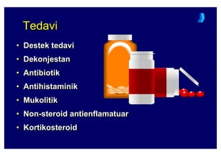 TedaviTedaviTedavi
• Destek tedavi
• Dekonjestan
• Antibiotik
• Antihistaminik
• Mukolitik
• Non-steroid antienflamatuar
• Kortikosteroid
•• Destek tedaviDestek tedavi
•• DekonjestanDekonjestan
•• AntibiotikAntibiotik
•• AntihistaminikAntihistaminik
•• MukolitikMukolitik
•• NonNon--steroidsteroid antienflamatuarantienflamatuar
•• KortikosteroidKortikosteroid
 