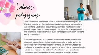 Labores
pedagógicas
Como profesional formado en la salud, la enfermera se encargará de
difundir y enseñar la información que pueda beneficiar a los usuarios a
nivel sanitario. Las buenas costumbres y los malos hábitos deben ser
aprendidos por todos para lograr equilibrio y fomentar la responsabilidad.
Una enfermera deberá desmentir bulos y propagar información correcta,
veraz y contrastada.
Estas son algunas de las funciones de una enfermera en un centro de
salud que más se dan en el día a día. Su desarrollo se debe a años de
experiencia y crecimiento del sector sanitario. Sin embargo, todas las
funciones de una enfermera en un centro de salud pueden verse alteradas
en base a las necesidades del centro. Pero lo normal es que dichas
funciones suelan mantenerse en esencial con el paso de los años
 
