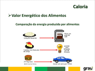 Caloria
Valor Energético dos Alimentos
Comparação da energia produzida por alimentos
 