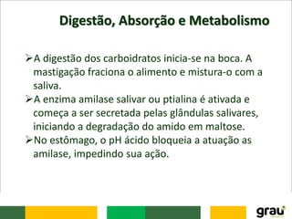 Digestão, Absorção e Metabolismo
A digestão dos carboidratos inicia-se na boca. A
mastigação fraciona o alimento e mistura-o com a
saliva.
A enzima amilase salivar ou ptialina é ativada e
começa a ser secretada pelas glândulas salivares,
iniciando a degradação do amido em maltose.
No estômago, o pH ácido bloqueia a atuação as
amilase, impedindo sua ação.
 