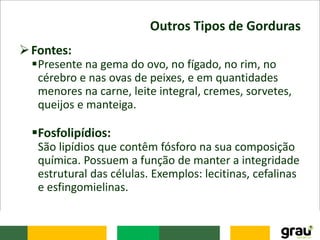 Outros Tipos de Gorduras
Fontes:
Presente na gema do ovo, no fígado, no rim, no
cérebro e nas ovas de peixes, e em quantidades
menores na carne, leite integral, cremes, sorvetes,
queijos e manteiga.
Fosfolipídios:
São lipídios que contêm fósforo na sua composição
química. Possuem a função de manter a integridade
estrutural das células. Exemplos: lecitinas, cefalinas
e esfingomielinas.
 