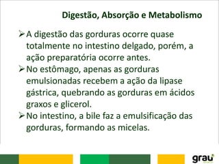 Digestão, Absorção e Metabolismo
A digestão das gorduras ocorre quase
totalmente no intestino delgado, porém, a
ação preparatória ocorre antes.
No estômago, apenas as gorduras
emulsionadas recebem a ação da lipase
gástrica, quebrando as gorduras em ácidos
graxos e glicerol.
No intestino, a bile faz a emulsificação das
gorduras, formando as micelas.
 