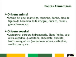 Fontes Alimentares
Origem animal
Creme de leite, manteiga, toucinho, banha, óleo de
fígado de bacalhau, leite integral, queijos, carnes,
gema do ovo, etc.
Origem vegetal
Margarina, gordura hidrogenada, óleos (milho, soja,
oliva, algodão...), azeitona, chocolate, abacate,
frutos oleaginosos (amendoim, nozes, castanhas,
avelãs), coco, etc.
 