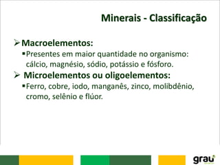 Minerais - Classificação
Macroelementos:
Presentes em maior quantidade no organismo:
cálcio, magnésio, sódio, potássio e fósforo.
 Microelementos ou oligoelementos:
Ferro, cobre, iodo, manganês, zinco, molibdênio,
cromo, selênio e flúor.
 