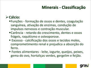 Minerais - Classificação
Cálcio:
Funções - formação de ossos e dentes, coagulação
sanguínea, ativação de enzimas, condução de
impulsos nervosos e contração muscular.
Carência - retardo do crescimento, dentes e ossos
frágeis, raquitismo e osteoporose.
 Excesso - calcificação dos ossos e tecidos moles,
comprometimento renal e prejudica a absorção do
ferro.
 Fontes alimentares - leite, iogurte, queijos, peixes,
gema do ovo, hortaliças verdes, gergelim e feijão.
 