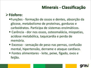 Minerais - Classificação
Fósforo:
Funções - formação de ossos e dentes, absorção da
glicose, metabolismo de proteínas, gorduras e
carboidratos. Participa de sistemas enzimáticos.
 Carência - dor nos ossos, osteomalácia, miopatias,
acidose metabólica, taquicardia e perda de
memória.
 Excesso - sensação de peso nas pernas, confusão
mental, hipertensão, derrame e ataque cardíaco.
 Fontes alimentares - leite, peixe, fígado, ovos e
feijão.
 
