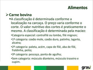 Alimentos
Carne bovina
A classificação é determinada conforme a
localização na carcaça. O preço varia conforme o
corte. O valor nutritivo dos cortes é praticamente o
mesmo. A classificação é determinada pela maciez:
•Categoria especial: contrafilé ou lombo, filé mignon;
•1º categoria: coxão mole, coxão duro, patinho, lagarto,
alcatra;
•2º categoria: paleta, acém, capa de filé, aba de filé,
fraldinha, peito;
•3º categoria: pescoço, ponta de agulha;
•Sem categoria: músculo dianteiro, músculo traseiro e
cupim.
 