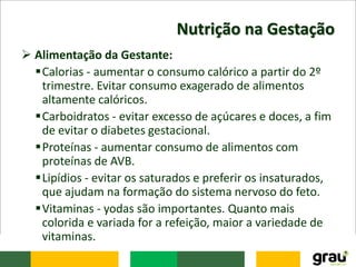 Nutrição na Gestação
 Alimentação da Gestante:
Calorias - aumentar o consumo calórico a partir do 2º
trimestre. Evitar consumo exagerado de alimentos
altamente calóricos.
Carboidratos - evitar excesso de açúcares e doces, a fim
de evitar o diabetes gestacional.
Proteínas - aumentar consumo de alimentos com
proteínas de AVB.
Lipídios - evitar os saturados e preferir os insaturados,
que ajudam na formação do sistema nervoso do feto.
Vitaminas - yodas são importantes. Quanto mais
colorida e variada for a refeição, maior a variedade de
vitaminas.
 