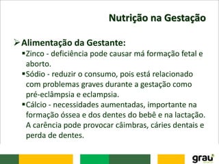 Nutrição na Gestação
Alimentação da Gestante:
Zinco - deficiência pode causar má formação fetal e
aborto.
Sódio - reduzir o consumo, pois está relacionado
com problemas graves durante a gestação como
pré-eclâmpsia e eclampsia.
Cálcio - necessidades aumentadas, importante na
formação óssea e dos dentes do bebê e na lactação.
A carência pode provocar câimbras, cáries dentais e
perda de dentes.
 