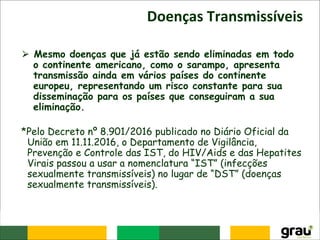 Doenças Transmissíveis
⮚ Mesmo doenças que já estão sendo eliminadas em todo
o continente americano, como o sarampo, apresenta
transmissão ainda em vários países do continente
europeu, representando um risco constante para sua
disseminação para os países que conseguiram a sua
eliminação.
*Pelo Decreto nº 8.901/2016 publicado no Diário Oficial da
União em 11.11.2016, o Departamento de Vigilância,
Prevenção e Controle das IST, do HIV/Aids e das Hepatites
Virais passou a usar a nomenclatura “IST” (infecções
sexualmente transmissíveis) no lugar de “DST” (doenças
sexualmente transmissíveis).
 