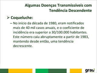 Algumas Doenças Transmissíveis com
Tendência Descendente
⮚Coqueluche:
– No início da década de 1980, eram notificados
mais de 40 mil casos anuais, e o coeficiente de
incidência era superior a 30/100.000 habitantes.
Este número caiu abruptamente a partir de 1983,
mantendo desde então, uma tendência
decrescente.
 