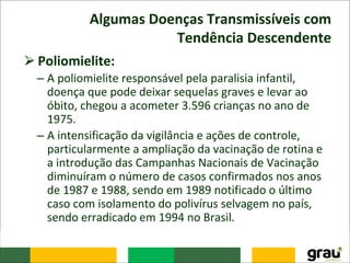 Algumas Doenças Transmissíveis com
Tendência Descendente
⮚Poliomielite:
– A poliomielite responsável pela paralisia infantil,
doença que pode deixar sequelas graves e levar ao
óbito, chegou a acometer 3.596 crianças no ano de
1975.
– A intensificação da vigilância e ações de controle,
particularmente a ampliação da vacinação de rotina e
a introdução das Campanhas Nacionais de Vacinação
diminuíram o número de casos confirmados nos anos
de 1987 e 1988, sendo em 1989 notificado o último
caso com isolamento do polivírus selvagem no país,
sendo erradicado em 1994 no Brasil.
 
