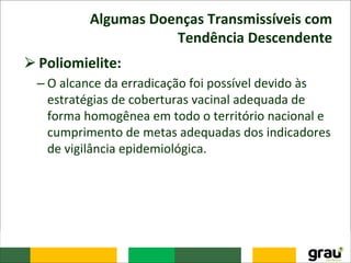Algumas Doenças Transmissíveis com
Tendência Descendente
⮚Poliomielite:
– O alcance da erradicação foi possível devido às
estratégias de coberturas vacinal adequada de
forma homogênea em todo o território nacional e
cumprimento de metas adequadas dos indicadores
de vigilância epidemiológica.
 