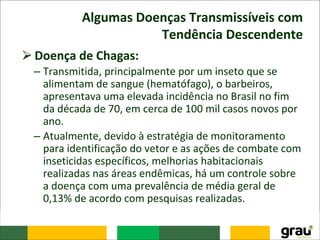Algumas Doenças Transmissíveis com
Tendência Descendente
⮚Doença de Chagas:
– Transmitida, principalmente por um inseto que se
alimentam de sangue (hematófago), o barbeiros,
apresentava uma elevada incidência no Brasil no fim
da década de 70, em cerca de 100 mil casos novos por
ano.
– Atualmente, devido à estratégia de monitoramento
para identificação do vetor e as ações de combate com
inseticidas específicos, melhorias habitacionais
realizadas nas áreas endêmicas, há um controle sobre
a doença com uma prevalência de média geral de
0,13% de acordo com pesquisas realizadas.
 
