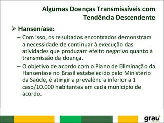 Algumas Doenças Transmissíveis com
Tendência Descendente
⮚Hanseníase:
– Com isso, os resultados encontrados demonstram
a necessidade de continuar à execução das
atividades que produzam efeito negativo quanto à
transmissão da doença.
– O objetivo de acordo com o Plano de Eliminação da
Hanseníase no Brasil estabelecido pelo Ministério
da Saúde, é atingir a prevalência inferior a 1
caso/10.000 habitantes em cada município de
acordo.
 