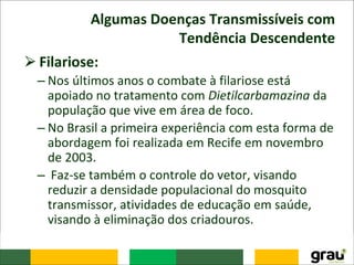 Algumas Doenças Transmissíveis com
Tendência Descendente
⮚Filariose:
– Nos últimos anos o combate à filariose está
apoiado no tratamento com Dietilcarbamazina da
população que vive em área de foco.
– No Brasil a primeira experiência com esta forma de
abordagem foi realizada em Recife em novembro
de 2003.
– Faz-se também o controle do vetor, visando
reduzir a densidade populacional do mosquito
transmissor, atividades de educação em saúde,
visando à eliminação dos criadouros.
 