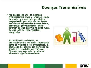 Doenças Transmissíveis
⮚ Na década de 30, as doenças
transmissíveis eram a principal causa
de morte nas capitais brasileiras,
respondendo por mais de um terço
dos óbitos registrados nestes locais,
percentual provavelmente muito
inferior ao que ocorria na área rural,
da qual não se tem registros
adequados.
As melhorias sanitárias, o
desenvolvimento de novas tecnologias
como as vacinas e os antibióticos, a
ampliação do acesso aos serviços de
saúde e as medidas de controle,
fizeram com que este quadro se
alterasse significativamente.
 