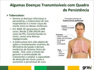 Algumas Doenças Transmissíveis com Quadro
de Persistência
⮚Tuberculose:
– Dentre as doenças infecciosas e
parasitárias, a tuberculose de vias
respiratórias é a maior causa de
morte entre os idosos recifenses.
– Em 2020, PE apresentou 5.048
casos, Recife 2.506 (49,6% dos
casos de PE). Caracterizando-se
assim, como uma doença
negligenciada.
– A tuberculose tem sido objeto de
ações e investimentos recentes do
Ministério da Saúde e demais
instâncias do Sistema Único de
Saúde - SUS, com o intuito de
garantir a continuidade do
tratamento e ampliar a capacidade
de detecção de novos casos e
aumentar o percentual de cura.
 