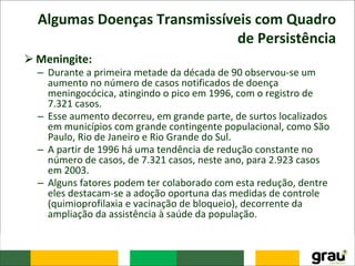 Algumas Doenças Transmissíveis com Quadro
de Persistência
⮚Meningite:
– Durante a primeira metade da década de 90 observou-se um
aumento no número de casos notificados de doença
meningocócica, atingindo o pico em 1996, com o registro de
7.321 casos.
– Esse aumento decorreu, em grande parte, de surtos localizados
em municípios com grande contingente populacional, como São
Paulo, Rio de Janeiro e Rio Grande do Sul.
– A partir de 1996 há uma tendência de redução constante no
número de casos, de 7.321 casos, neste ano, para 2.923 casos
em 2003.
– Alguns fatores podem ter colaborado com esta redução, dentre
eles destacam-se a adoção oportuna das medidas de controle
(quimioprofilaxia e vacinação de bloqueio), decorrente da
ampliação da assistência à saúde da população.
 