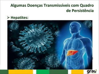 Algumas Doenças Transmissíveis com Quadro
de Persistência
⮚Hepatites:
– As hepatites virais apresentam distribuição universal e
magnitude variável de acordo com a região do País.
– As hepatites A e E apresentam alta prevalência nos
países em desenvolvimento, onde as condições
sanitárias e socioeconômicas são precárias.
– A prevalência de hepatite B tem sido reduzida em
países onde a vacinação foi implementada, contudo
ainda possui uma alta prevalência em populações de
risco acrescido e em países onde a transmissão vertical
e horizontal intradomiciliar não é controlada.
 