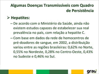 Algumas Doenças Transmissíveis com Quadro
de Persistência
⮚Hepatites:
– De acordo com o Ministério da Saúde, ainda não
existem estudos capazes de estabelecer sua real
prevalência no país, com relação a hepatite C.
– Com base em dados da rede de hemocentros de
pré-doadores de sangue, em 2002, a distribuição
variou entre as regiões brasileiras: 0,62% no Norte,
0,55% no Nordeste, 0,28% no Centro-Oeste, 0,43%
no Sudeste e 0,46% no Sul.
 