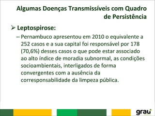 Algumas Doenças Transmissíveis com Quadro
de Persistência
⮚Leptospirose:
– Pernambuco apresentou em 2010 o equivalente a
252 casos e a sua capital foi responsável por 178
(70,6%) desses casos o que pode estar associado
ao alto índice de moradia subnormal, as condições
socioambientais, interligados de forma
convergentes com a ausência da
corresponsabilidade da limpeza pública.
 