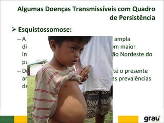 Algumas Doenças Transmissíveis com Quadro
de Persistência
⮚Esquistossomose:
– A esquistossomose mansônica tem ampla
distribuição geográfica no Brasil, com maior
intensidade de transmissão na região Nordeste do
país e norte de Minas Gerais.
– Desde o início da década de 1950 até o presente
ano tem sido observada redução nas prevalências
de infecção.
 