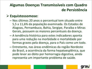 Algumas Doenças Transmissíveis com Quadro
de Persistência
⮚Esquistossomose:
– Nos últimos 20 anos o percentual tem situado entre
5,5 a 11,6% da população examinada. Os Estados de
Alagoas, Pernambuco, Bahia, Sergipe, Paraíba e Minas
Gerais, possuem os maiores percentuais da doença.
– A tendência histórica para estes indicadores aponta
para uma redução na morbidade e mortalidade por
formas graves pela doença, para o País como um todo.
– Entretanto, nas áreas endêmicas da região Nordeste
do Brasil, a ocorrência da forma hepatoesplênica, que
pode levar ao óbito por hemorragia digestiva, ainda
representa um importante problema de saúde.
 