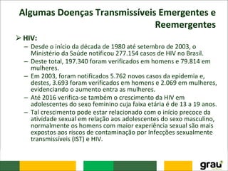 Algumas Doenças Transmissíveis Emergentes e
Reemergentes
⮚HIV:
– Desde o início da década de 1980 até setembro de 2003, o
Ministério da Saúde notificou 277.154 casos de HIV no Brasil.
– Deste total, 197.340 foram verificados em homens e 79.814 em
mulheres.
– Em 2003, foram notificados 5.762 novos casos da epidemia e,
destes, 3.693 foram verificados em homens e 2.069 em mulheres,
evidenciando o aumento entra as mulheres.
– Até 2016 verifica-se também o crescimento da HIV em
adolescentes do sexo feminino cuja faixa etária é de 13 a 19 anos.
– Tal crescimento pode estar relacionado com o início precoce da
atividade sexual em relação aos adolescentes do sexo masculino,
normalmente os homens com maior experiência sexual são mais
expostos aos riscos de contaminação por Infecções sexualmente
transmissíveis (IST) e HIV.
 
