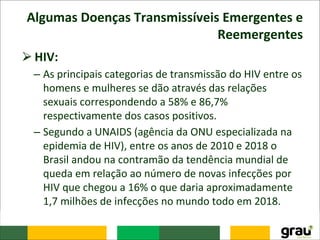 Algumas Doenças Transmissíveis Emergentes e
Reemergentes
⮚HIV:
– As principais categorias de transmissão do HIV entre os
homens e mulheres se dão através das relações
sexuais correspondendo a 58% e 86,7%
respectivamente dos casos positivos.
– Segundo a UNAIDS (agência da ONU especializada na
epidemia de HIV), entre os anos de 2010 e 2018 o
Brasil andou na contramão da tendência mundial de
queda em relação ao número de novas infecções por
HIV que chegou a 16% o que daria aproximadamente
1,7 milhões de infecções no mundo todo em 2018.
 