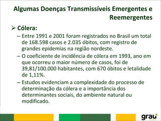 Algumas Doenças Transmissíveis Emergentes e
Reemergentes
⮚Cólera:
– Entre 1991 e 2001 foram registrados no Brasil um total
de 168.598 casos e 2.035 óbitos, com registro de
grandes epidemias na região nordeste.
– O coeficiente de incidência de cólera em 1993, ano em
que ocorreu o maior número de casos, foi de
39,81/100.000 habitantes, com 670 óbitos e letalidade
de 1,11%.
– Estudos evidenciam a complexidade do processo de
determinação da cólera e a importância dos
determinantes sociais, do ambiente natural ou
modificado.
 